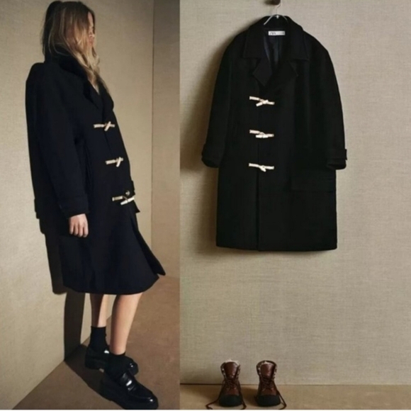 NEW ZARA ZW WOOL BLEND TOGGLES BLACK COAT-LIMITED EDITION BLOGGER FAVORITE LARGE - Picture 1 of 14